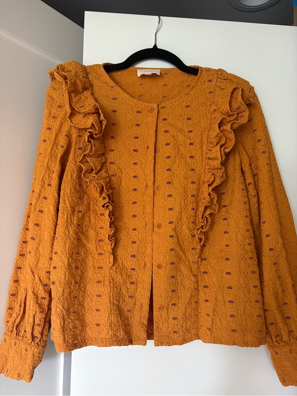Sézane Boby Blouse Mustard Eyelet Ruffle Long Sleeve FR 36 / US 4